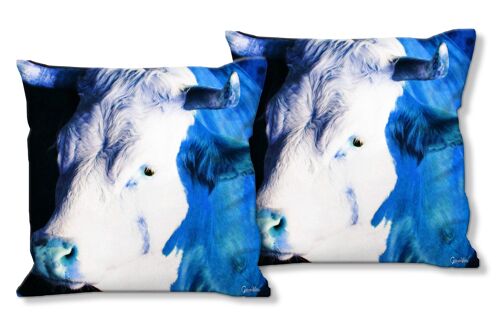 Deko-Foto-Kissen Set (2 Stk.), Motiv: Die blaue Kuh - Größe: 40 x 40 cm - Premium Kissenhülle, Zierkissen, Dekokissen, Fotokissen, Kissenbezug