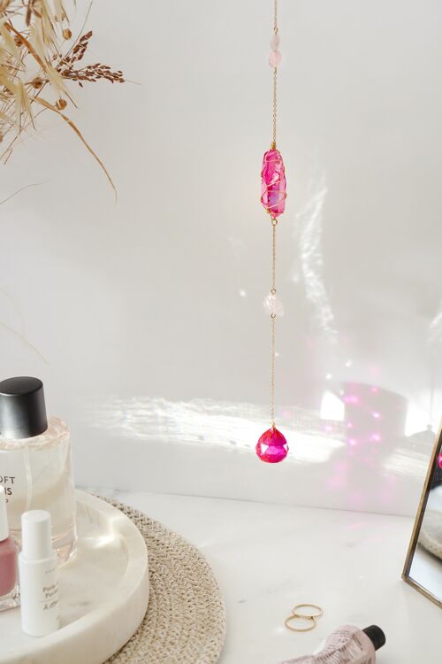 Raw Crystal Rose Quartz & Wrapped Pink Agate Suncatcher