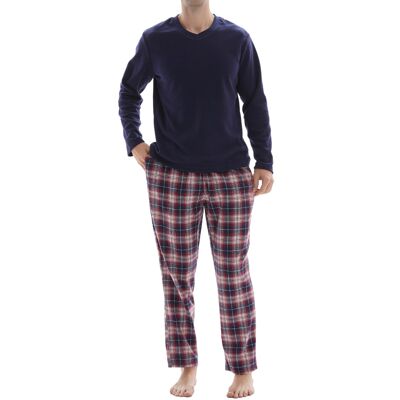 SaneShoppe - Pijama de manga larga para hombre con parte superior de forro polar 100 % algodón, ropa de descanso -M, azul-136
