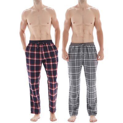 SaneShoppe Men's 2-Pack Breathable Cotton Pyjama Bottoms Check Lounge Pants Trousers -M, Grey/ Blue Check-207