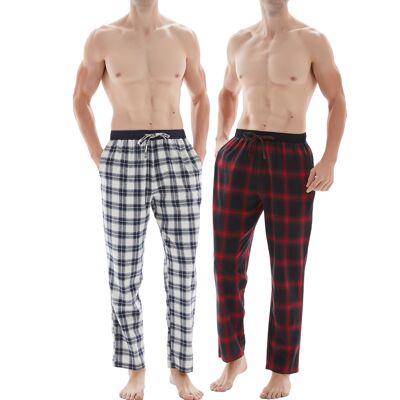 SaneShoppe Men's 2-Pack Breathable Cotton Pyjama Bottoms Check Lounge Pants Trousers -L, Red/Grey Check-213