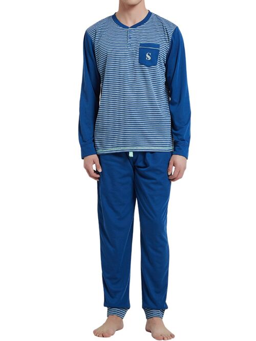 SaneShoppe Mens Brushed Pyjama Set, Compact-Siro Spinning Technology Luxury Pyjamas -M, Blue Stripe