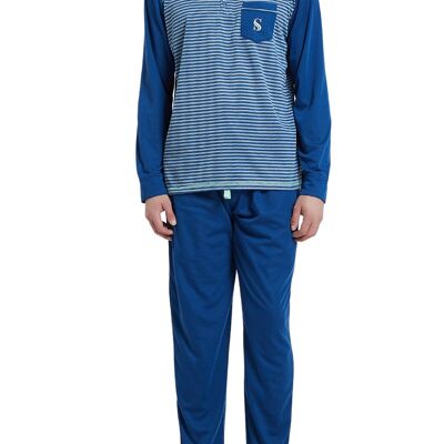 SaneShoppe Gebürstetes Pyjama-Set für Herren, Compact-Siro Spinning Technology Luxury Pyjamas -M, Blue Stripe