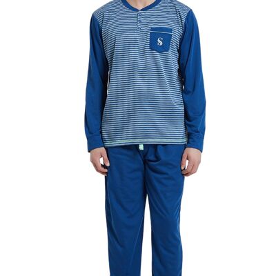 SaneShoppe Gebürstetes Pyjama-Set für Herren, Compact-Siro Spinning Technology Luxury Pyjamas -XL, Blue Stripe