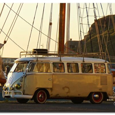 Mural: bus in front of a sailing boat - landscape format 4:3 - many sizes and materials - exclusive photo art motif as a canvas picture or acrylic glass picture for wall decoration