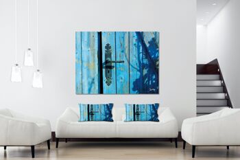 Papier peint : porte bleue au soleil - format paysage 4:3 - nombreuses tailles et matériaux - motif d'art photographique exclusif comme image sur toile ou image sur verre acrylique pour la décoration murale 4