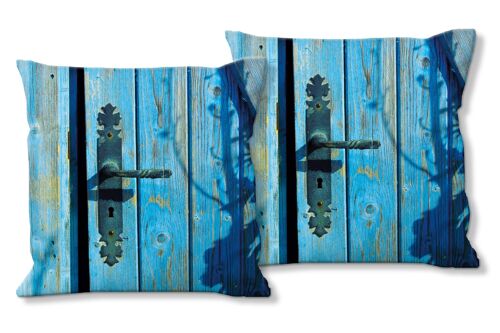 Deko-Foto-Kissen Set (2 Stk.), Motiv: Blaue Tür im Sonnenschein - Größe: 40 x 40 cm - Premium Kissenhülle, Zierkissen, Dekokissen, Fotokissen, Kissenbezug
