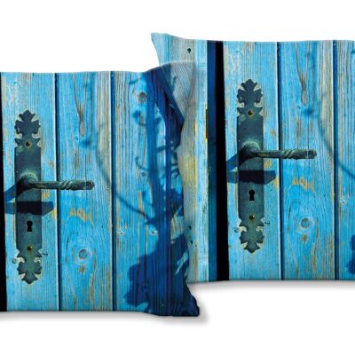 Deko-Foto-Kissen Set (2 Stk.), Motiv: Blaue Tür im Sonnenschein - Größe: 40 x 40 cm - Premium Kissenhülle, Zierkissen, Dekokissen, Fotokissen, Kissenbezug
