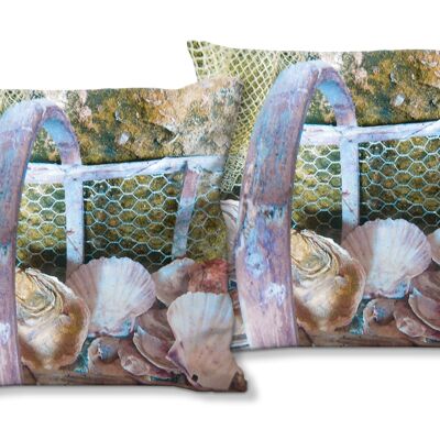 Decorative photo cushion set (2 pieces), motif: shells in a basket - size: 40 x 40 cm - premium cushion cover, decorative cushion, decorative cushion, photo cushion, cushion cover