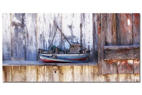 Wandbild: Boot vor Fischerhütte - Querformat 2:1 - viele Größen & Materialien – Exklusives Fotokunst-Motiv als Leinwandbild oder Acrylglasbild zur Wand-Dekoration