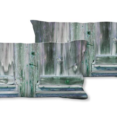 Ensemble de coussins photo décoratifs (2 pièces), motif : porte en bois en vert - taille : 80 x 40 cm - housse de coussin premium, coussin décoratif, coussin décoratif, coussin photo, housse de coussin