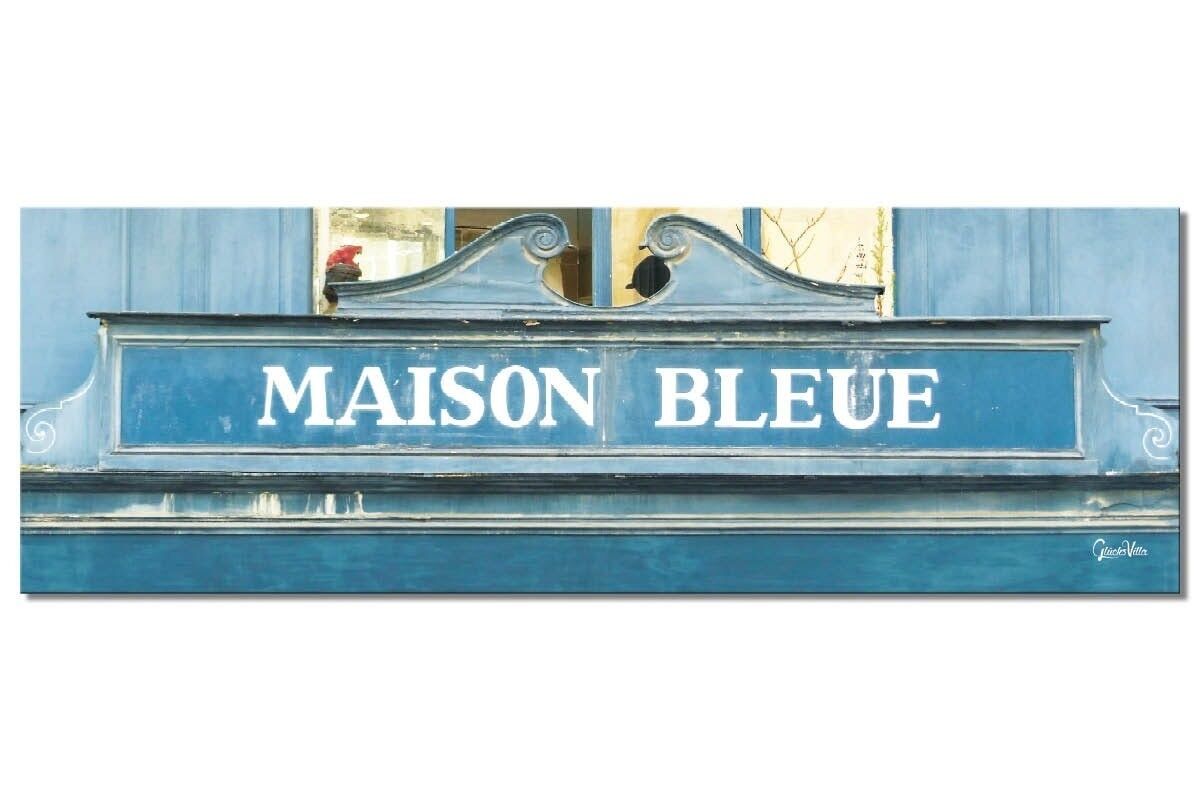 Mural: Maison bleue - paisaje panorámico 3:1 - muchos tamaños y materiales - motivo de arte fotográfico exclusivo como cuadro de lienzo o cuadro de vidrio acrílico para la decoración de paredes