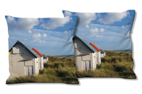 Deko-Foto-Kissen Set (2 Stk.), Motiv: Strandhäuschen in der Normandie  - Größe: 40 x 40 cm - Premium Kissenhülle, Zierkissen, Dekokissen, Fotokissen, Kissenbezug