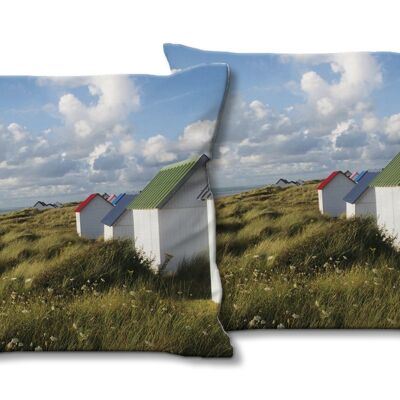 Deko-Foto-Kissen Set (2 Stk.), Motiv: Strandhäuschen in der Normandie 2, 40 x 40 cm, Premium Kissenhülle, Zierkissen