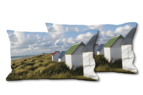 Deko-Foto-Kissen Set (2 Stk.), Motiv: Strandhäuschen in der Normandie 2, 80 x 40 cm, Premium Kissenhülle, Zierkissen