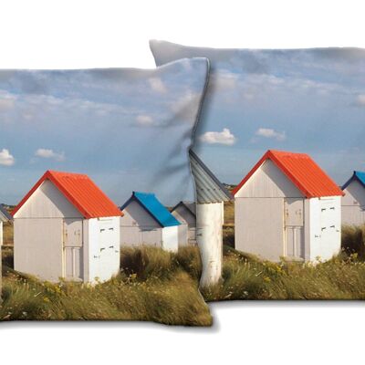 Decorative photo cushion set (2 pieces), motif: Beach cottage in Normandy 4, 40 x 40 cm, premium cushion cover, decorative cushion