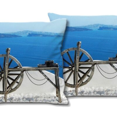 Set di cuscini decorativi con foto (2 pezzi), motivo: dettaglio Santorini - dimensioni: 40 x 40 cm - fodera per cuscino premium, cuscino decorativo, cuscino decorativo, cuscino fotografico, fodera per cuscino