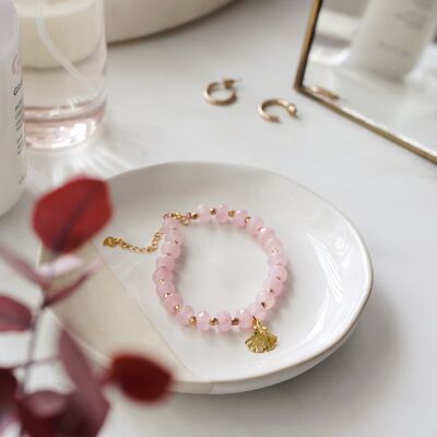 Rose Quartz Stone Bracelet with Gold Tone Detail