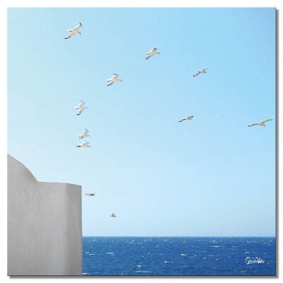 Mural: gaviotas sobre Mykonos - cuadrado 1:1 - muchos tamaños y materiales - motivo de arte fotográfico exclusivo como cuadro de lienzo o cuadro de vidrio acrílico para decoración de paredes