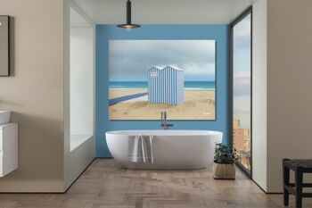 Papier peint : maison de plage en bleu et blanc - format paysage 4:3 - nombreuses tailles et matériaux - motif d'art photographique exclusif comme image sur toile ou image sur verre acrylique pour la décoration murale 4