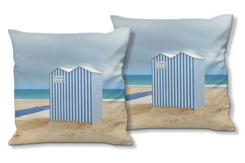 Deko-Foto-Kissen Set (2 Stk.), Motiv: Strandhaus in blau und weiß - Größe: 40 x 40 cm - Premium Kissenhülle, Zierkissen, Dekokissen, Fotokissen, Kissenbezug
