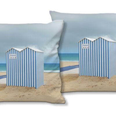 Set di cuscini decorativi con foto (2 pezzi), motivo: casa sulla spiaggia in blu e bianco - dimensioni: 40 x 40 cm - fodera per cuscino premium, cuscino decorativo, cuscino decorativo, cuscino fotografico, fodera per cuscino