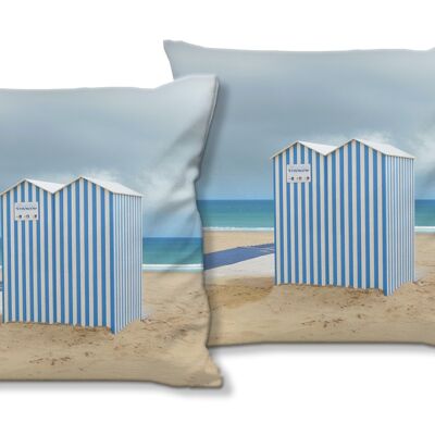 Deko-Foto-Kissen Set (2 Stk.), Motiv: Strandhaus in blau und weiß - Größe: 40 x 40 cm - Premium Kissenhülle, Zierkissen, Dekokissen, Fotokissen, Kissenbezug