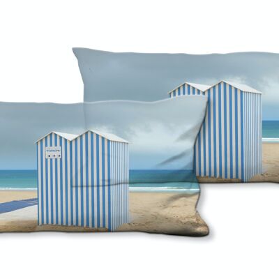 Deko-Foto-Kissen Set (2 Stk.), Motiv: Strandhaus in blau und weiß - Größe: 80 x 40 cm - Premium Kissenhülle, Zierkissen, Dekokissen, Fotokissen, Kissenbezug