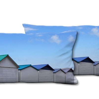 Deko-Foto-Kissen Set (2 Stk.), Motiv: Strandhäuschen in der Normandie 14, 80 x 40 cm, Premium Kissenhülle, Zierkissen