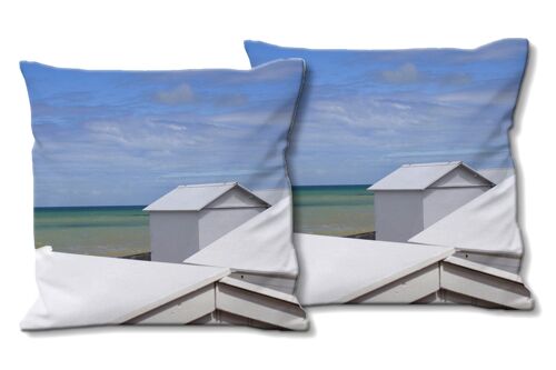 Deko-Foto-Kissen Set (2 Stk.), Motiv: Strandhäuschen in der Normandie , 40 x 40 cm, Premium Kissenhülle, Zierkissen