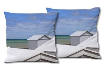Ensemble de coussins photo décoratifs (2 pièces), motif : maison de plage en Normandie, 40 x 40 cm, housse de coussin premium, coussin décoratif 1