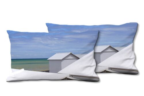 Deko-Foto-Kissen Set (2 Stk.), Motiv: Strandhäuschen in der Normandie , 80 x 40 cm, Premium Kissenhülle, Zierkissen