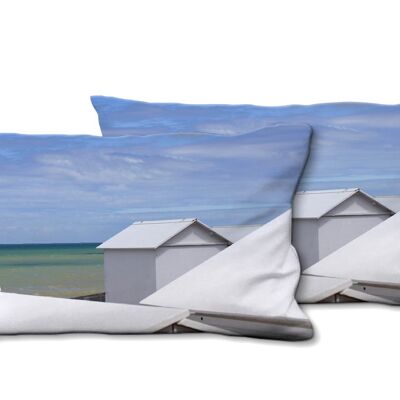 Deko-Foto-Kissen Set (2 Stk.), Motiv: Strandhäuschen in der Normandie , 80 x 40 cm, Premium Kissenhülle, Zierkissen