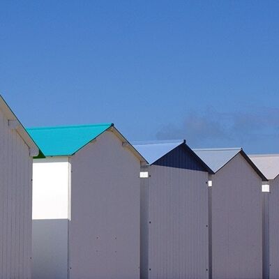 Mural: Beach hut in Normandy 18 - landscape format 2:1 - many sizes & materials - exclusive photo art motif as a canvas picture or acrylic glass picture for wall decoration