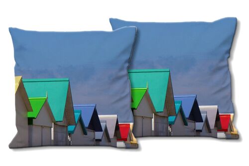 Deko-Foto-Kissen Set (2 Stk.), Motiv: Strandhäuschen in der Normandie 20, 40 x 40 cm, Premium Kissenhülle, Zierkissen