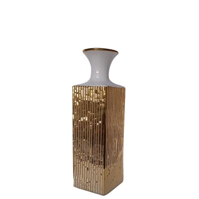 Jarrón decorativo de cerámica, en color dorado con cuello blanco. Dimensión: 8x8x30cm TK-861