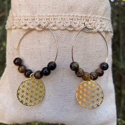 Creole earrings in Tiger's Eye and flower of life, Made in France
