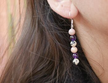 Boucles d'oreilles pendantes "Triple Protection" Améthyste, Jaspe Dalmatien et rhodochrosite 4
