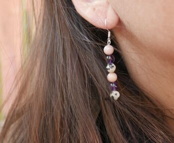 Boucles d'oreilles pendantes "Triple Protection" Améthyste, Jaspe Dalmatien et rhodochrosite 5