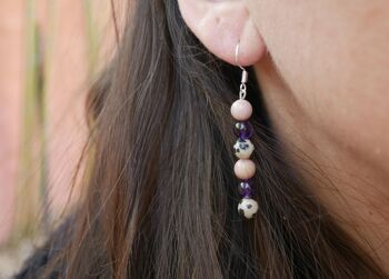 Boucles d'oreilles pendantes "Triple Protection" Améthyste, Jaspe Dalmatien et rhodochrosite 6