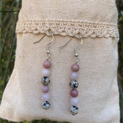 Boucles d'oreilles pendantes "Triple Protection" Quartz Rose, Jaspe Dalmatien et rhodochrosite