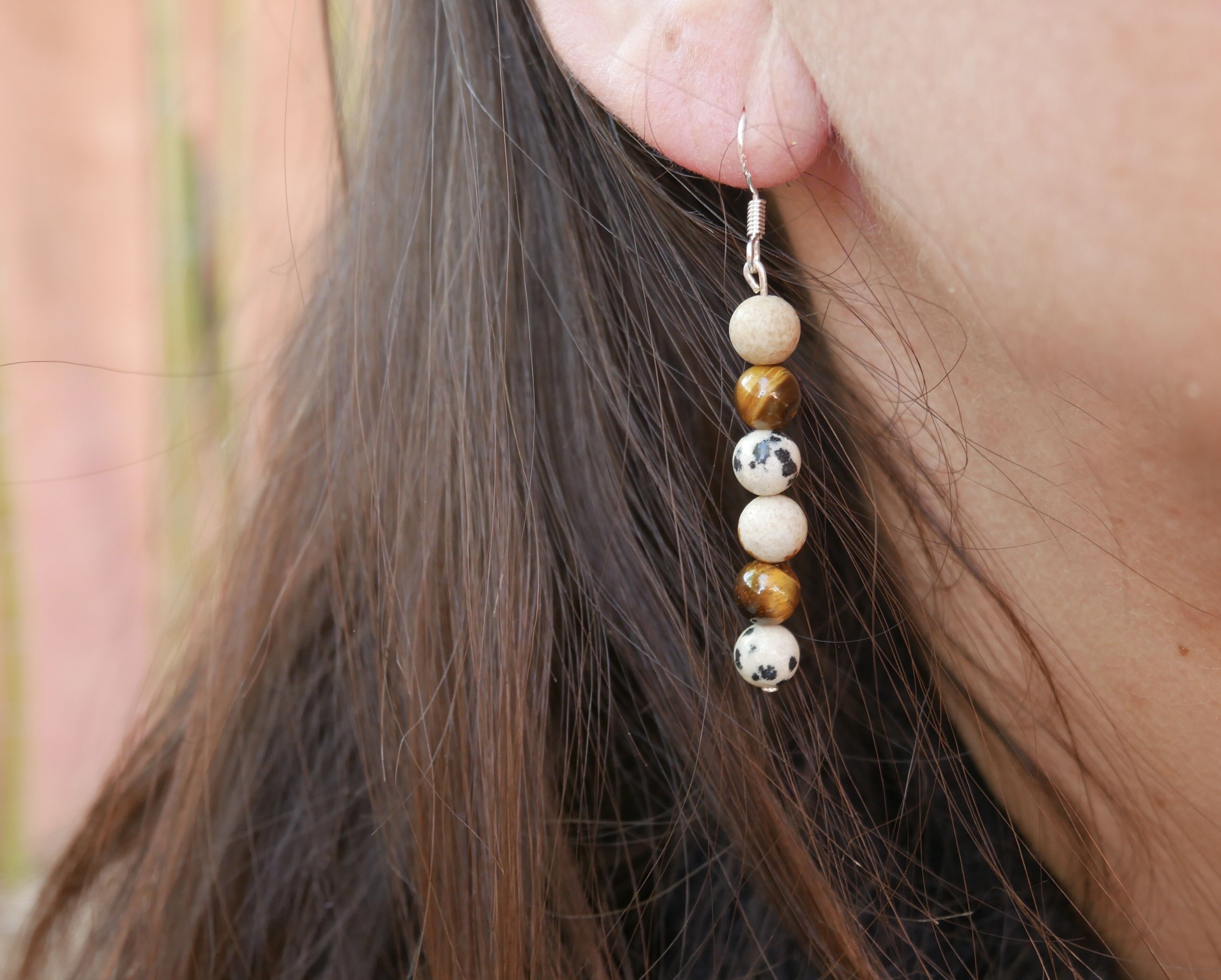 Pendientes colgantes "Triple Protección" Ojo de Tigre, Jaspe Dálmata y Jaspe Paisaje