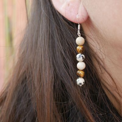 "Triple Protection" dangling earrings Tiger's Eye, Dalmatian Jasper and Landscape Jasper