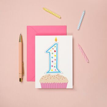 Cupcake de carte de 1er anniversaire | Carte d'anniversaire pour enfants | Jalon