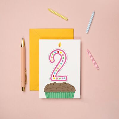 Cupcake per biglietto di auguri per il 2° compleanno | Biglietto d'auguri per bambini | Pietra miliare