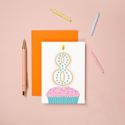 Cupcake per biglietto di auguri per l'ottavo compleanno | Biglietto d'auguri per bambini | Pietra miliare