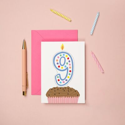 Carte du 9e anniversaire Cupcake | Carte d'anniversaire pour enfants | Jalon