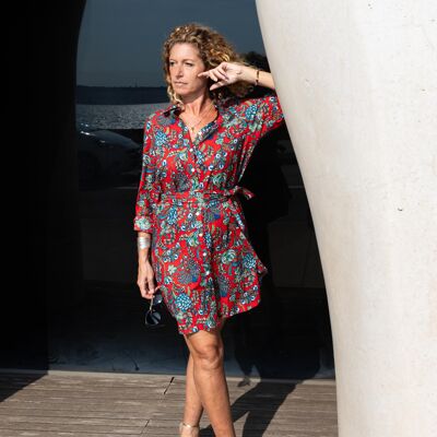 Vestido camisero de algodón: Rojo floral