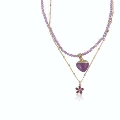 CIRCE HEART AND FLOWER CHARMS LAYERED BEADED NECKLACE 2804