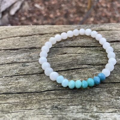 Elastic lithotherapy bracelet in natural Moonstone and faceted glass beads in Oblate Active shape